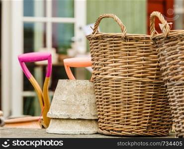 Handmade vintage village objects concept. Big empty decorative wicker baskets on market. Big empty decorative wicker baskets