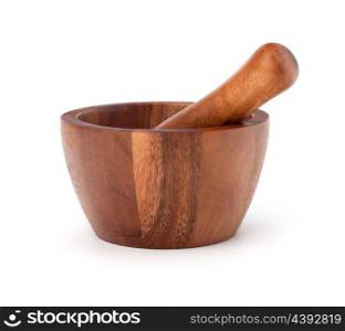 Handmade wooden mortar isolated on white background