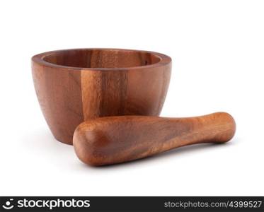 Handmade wooden mortar isolated on white background