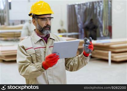 Handosme senior engineer with helmet controlling works in factory with digital tablet