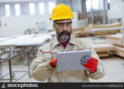 Handosme senior engineer with helmet controlling works in factory with digital tablet