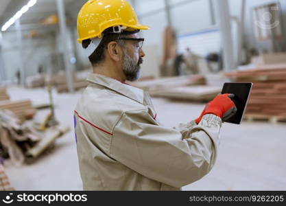 Handosme senior engineer with helmet controlling works in factory with digital tablet