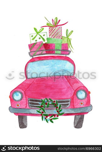 Handpainted Watercolor car with gifts on roof