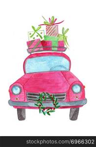 Handpainted Watercolor car with gifts on roof