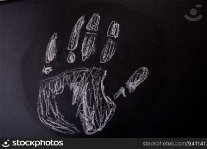 Handprint drawn by white chalk on a blackboard