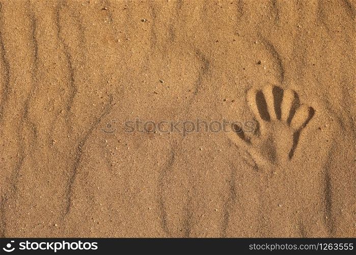 handprint on the sand. close up of one handprint in the sand, sea on the beach. copy space.. handprint on the sand. close up of one handprint in the sand, sea on the beach. copy space