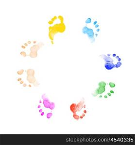 Handprints in different colors on a white background in different positions.