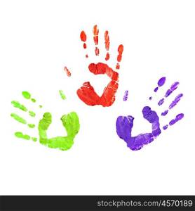 Handprints in different colors on a white background in different positions.