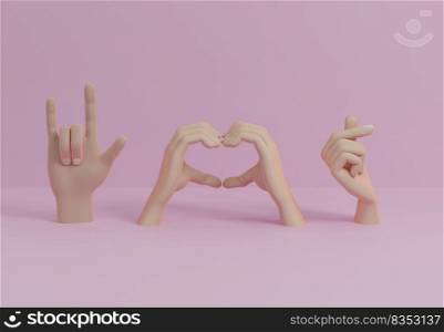 Hands and fingers with different love or heart symbol gesture Korean mini heart 3D rendering illustration