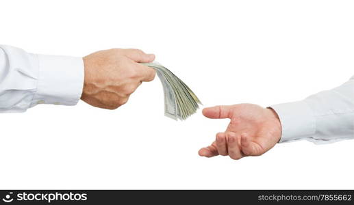 Hands and money isolated on white background