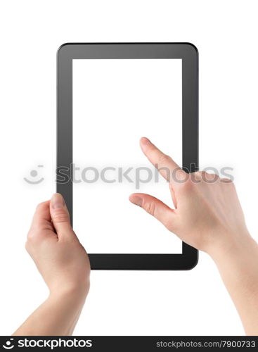 Hands and tablet isolated on a white background