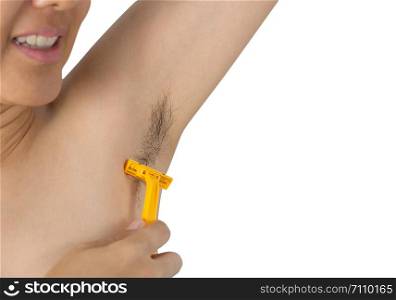 Hands are shaved, armpits or plucking the armpits by using a razor isolated on a white background, Hygiene skin body care concept.