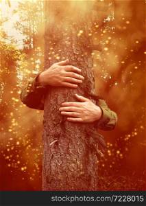 Hands around an old tree trunl, hugging in magical forest, environmental concept