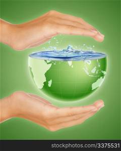 Hands around half earth globe. Nature, environment and saving the earth concept