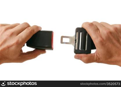 hands button safety belt isolated on a white background