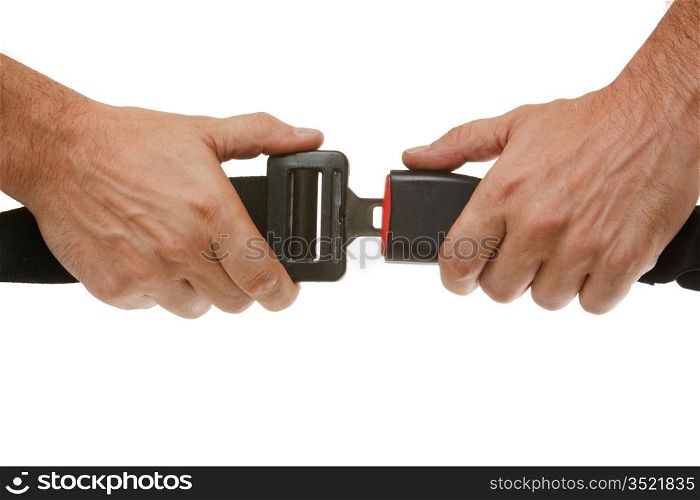 hands button safety belt isolated on a white background