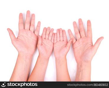 hands child and mother on a white background