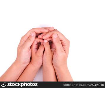 hands child and mother on a white background