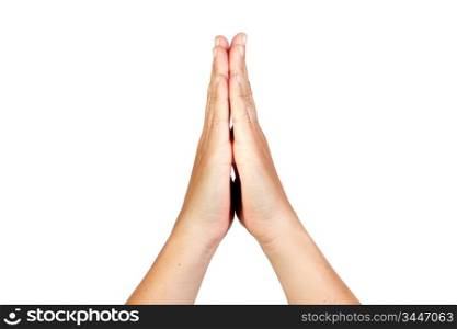 Hands clasped in prayer isolated on white background