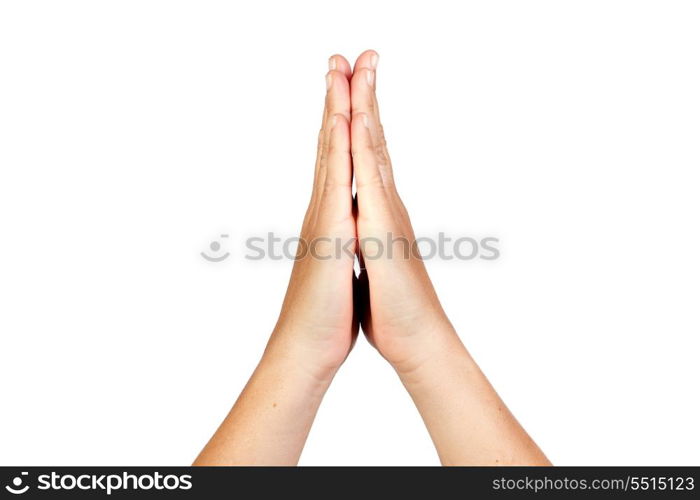 Hands clasped in prayer isolated on white background