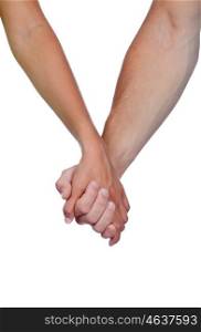 Hands clasped of two lovers isolated on white background