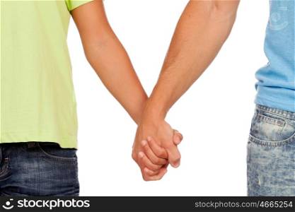 Hands clasped of two male lovers isolated on white background