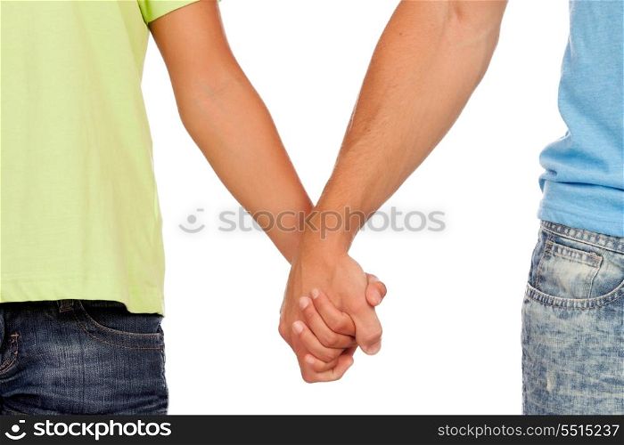 Hands clasped of two male lovers isolated on white background