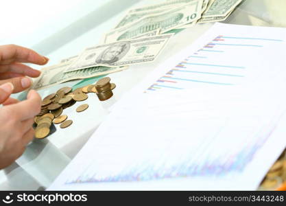 hands counting dollar money on white background