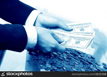 hands counting dollar money on white background