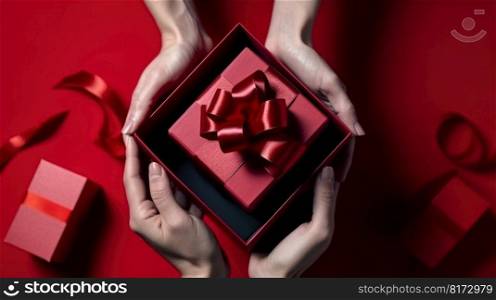 hands give a red gift box, holiday gift for girl generative ai.