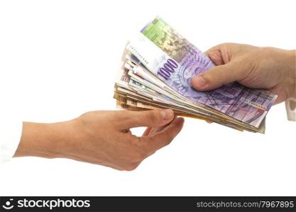 Hands giving money International currencies away,isolated