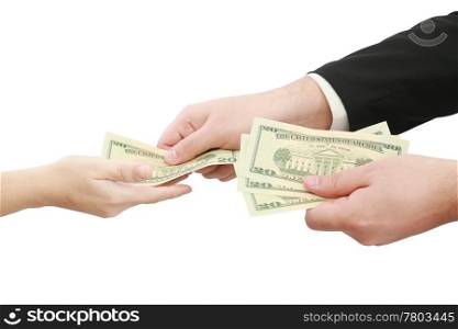 Hands giving money isolated on white background