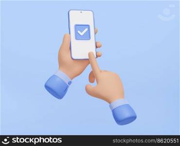Hands hold mobile phone and click on checkmark on screen. Concept of success, done, correct choice. Finger touching tick button on smartphone for accept or confirm, 3d render illustration. Hands hold mobile phone and click on checkmark