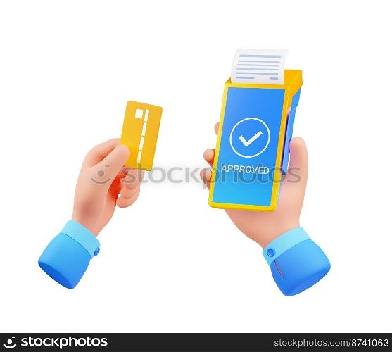 Hands hold pos terminal and bank card. Concept of payment, money transaction, shopping, purchases with payment machine with receipt isolated on white background, 3d render illustration. Hands hold pos terminal and bank card