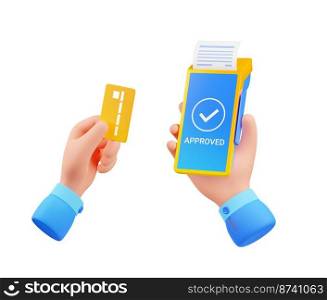 Hands hold pos terminal and bank card. Concept of payment, money transaction, shopping, purchases with payment machine with receipt isolated on white background, 3d render illustration. Hands hold pos terminal and bank card