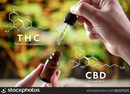 Hands holding a bottle of CBD oil and its dropper lid, with hemp leaf in the backdrop and a hexagon-shaped biochemistry formula. Legalized CBD product for medical purposes.. Hands holding a bottle of legalized CBD oil and biochemistry formula.
