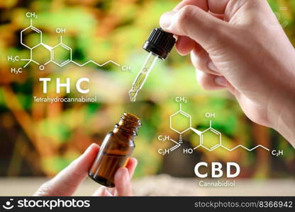 Hands holding a bottle of CBD oil and its dropper lid, with hemp leaf in the backdrop and a hexagon-shaped biochemistry formula. Legalized CBD product for medical purposes.. Hands holding a bottle of legalized CBD oil and biochemistry formula.