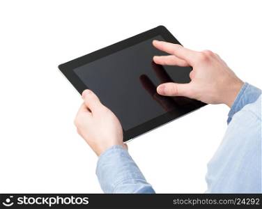 hands holding a tablet touch computer gadget with isolated screen