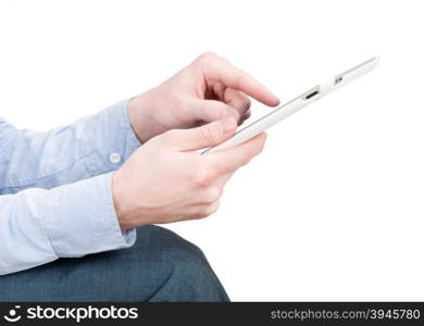 hands holding a tablet touch computer gadget with isolated screen