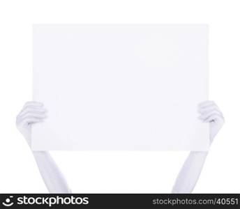 Hands holding big blank paper sign over head, background for text