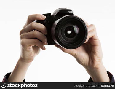 hands holding camera. Resolution and high quality beautiful photo. hands holding camera. High quality beautiful photo concept