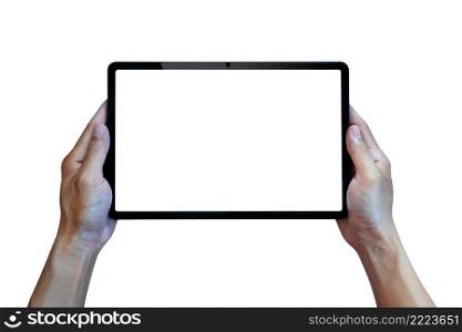 Hands holding digital tablet isolated on white background, Smart tablet.