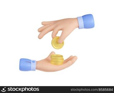 Hands holding gold coin and money stack. Concept of payment, charity, financial donation, giving bank credit, investment or savings, 3d render illustration isolated on white background. 3d hands holding gold coin and money stack