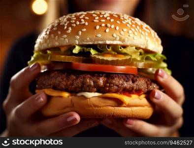 Hands holding juicy classic burger.AI Generative