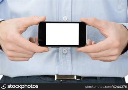 Hands holding mobile isolated on white