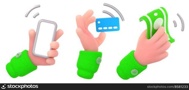 Hands holding mobile phone, bank card and money for online or contactless payment. Icons of digital finance transfer, wireless technology for purchase, 3d render illustration. Hands holding mobile phone, bank card and money