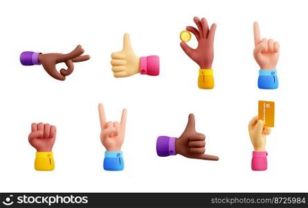 Hands holding money, bank card, showing thumb up, pointing, hang loose gesture, flick and fist. Diverse people hands with coin, credit card, symbols of like and rock, 3d render illustration. Hands holding money, bank card, showing thumb up
