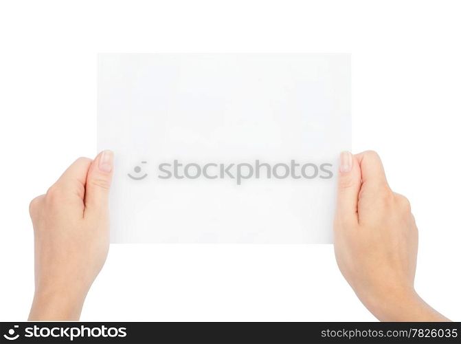 Hands holding paper isolated on white