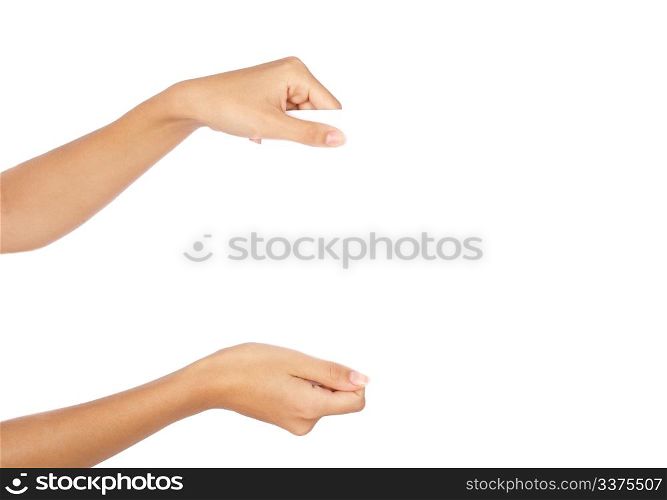 Hands holding paper on isolated background