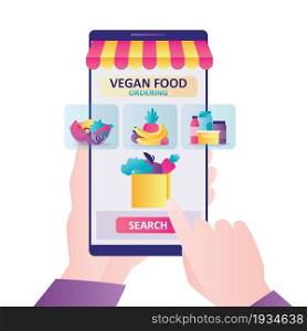 Hands holding phone with organic store on screen. Searching vegan food in online app. Online order of fresh vegetables and fruits on grocery store website. Healthy eating. Flat vector illustration. Hands holding phone with organic store on screen. Searching vegan food in online app